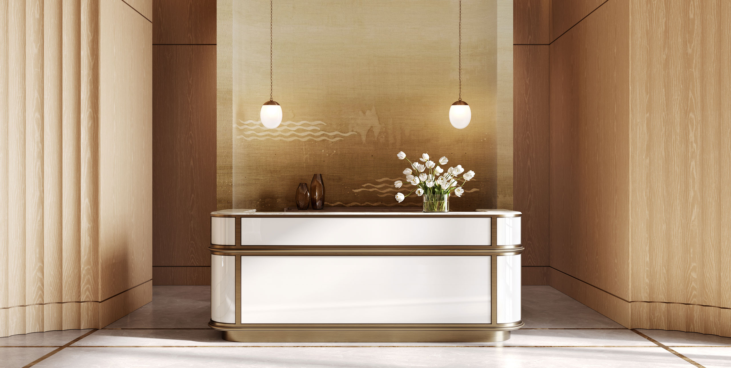 Wood-panelled residential lobby