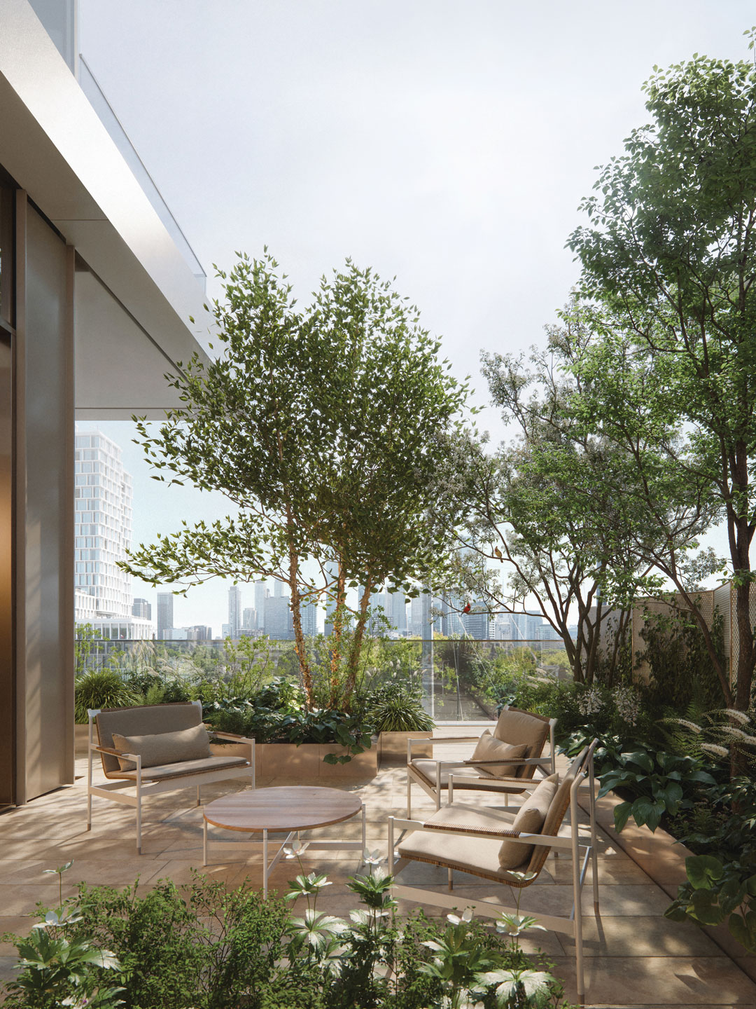Terrace garden with native plantings and lounge seating beneath the trees