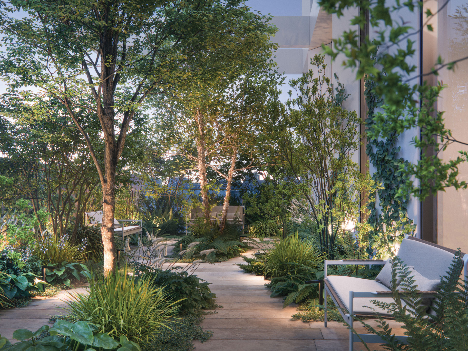 Terrace at dusk overlooking the lights of the city